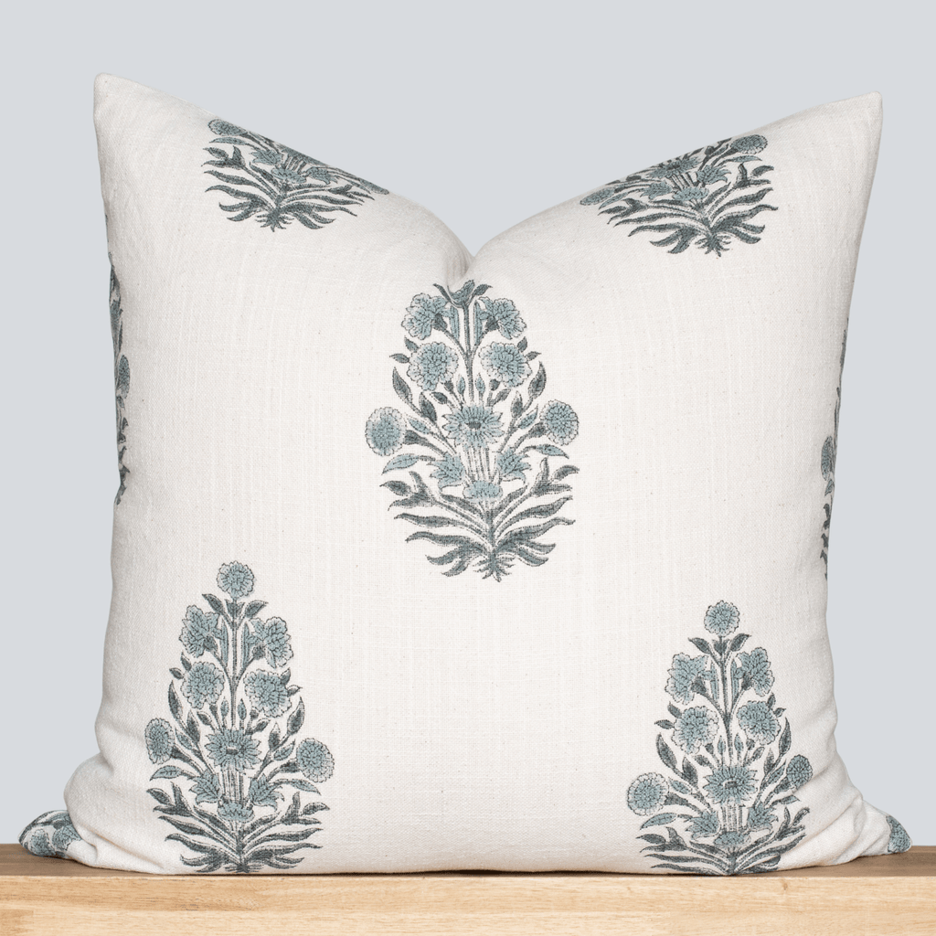 Azure Floral Block Printed Pillow Cover | Blue