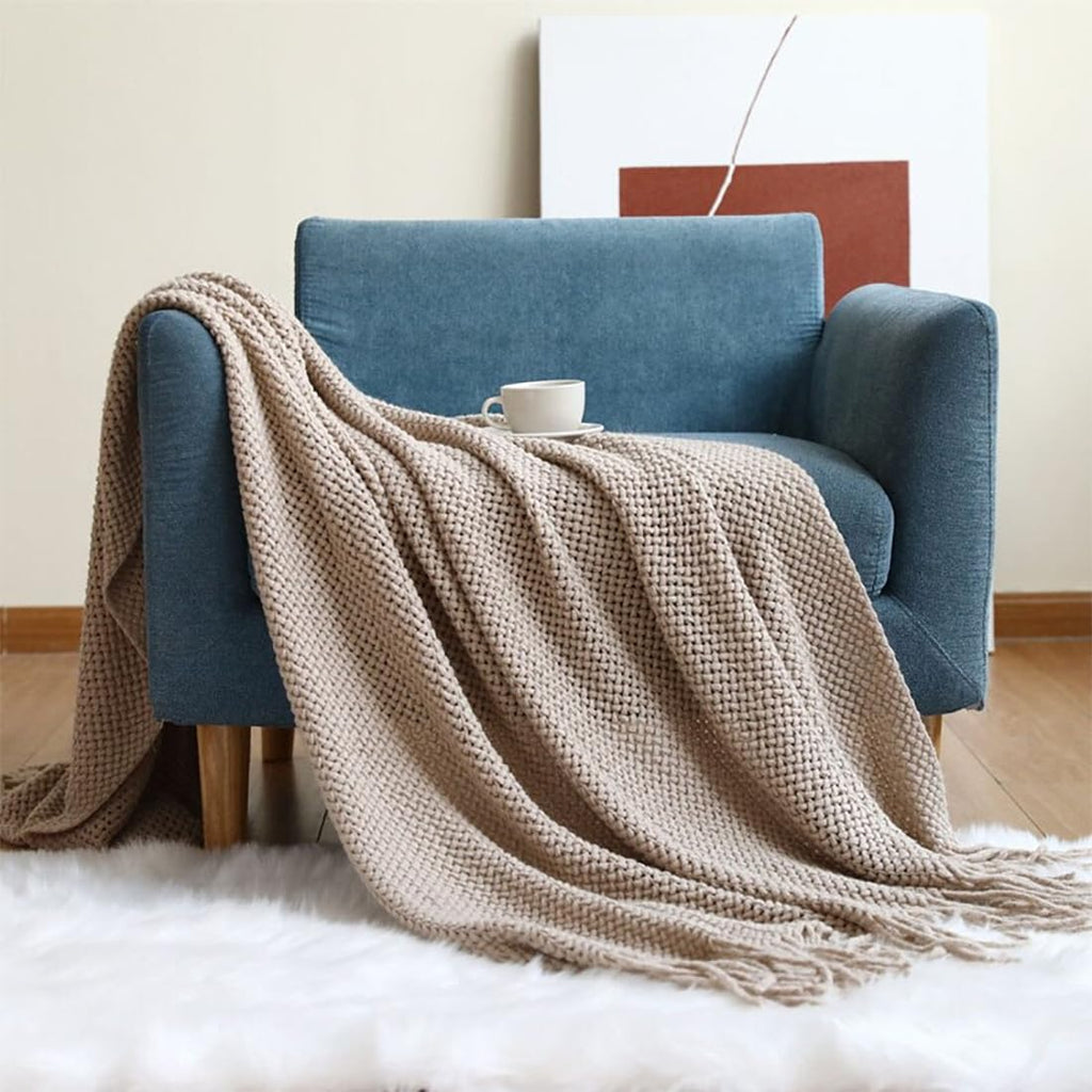 Textured Knit Solid Fringe Throw Blanket
