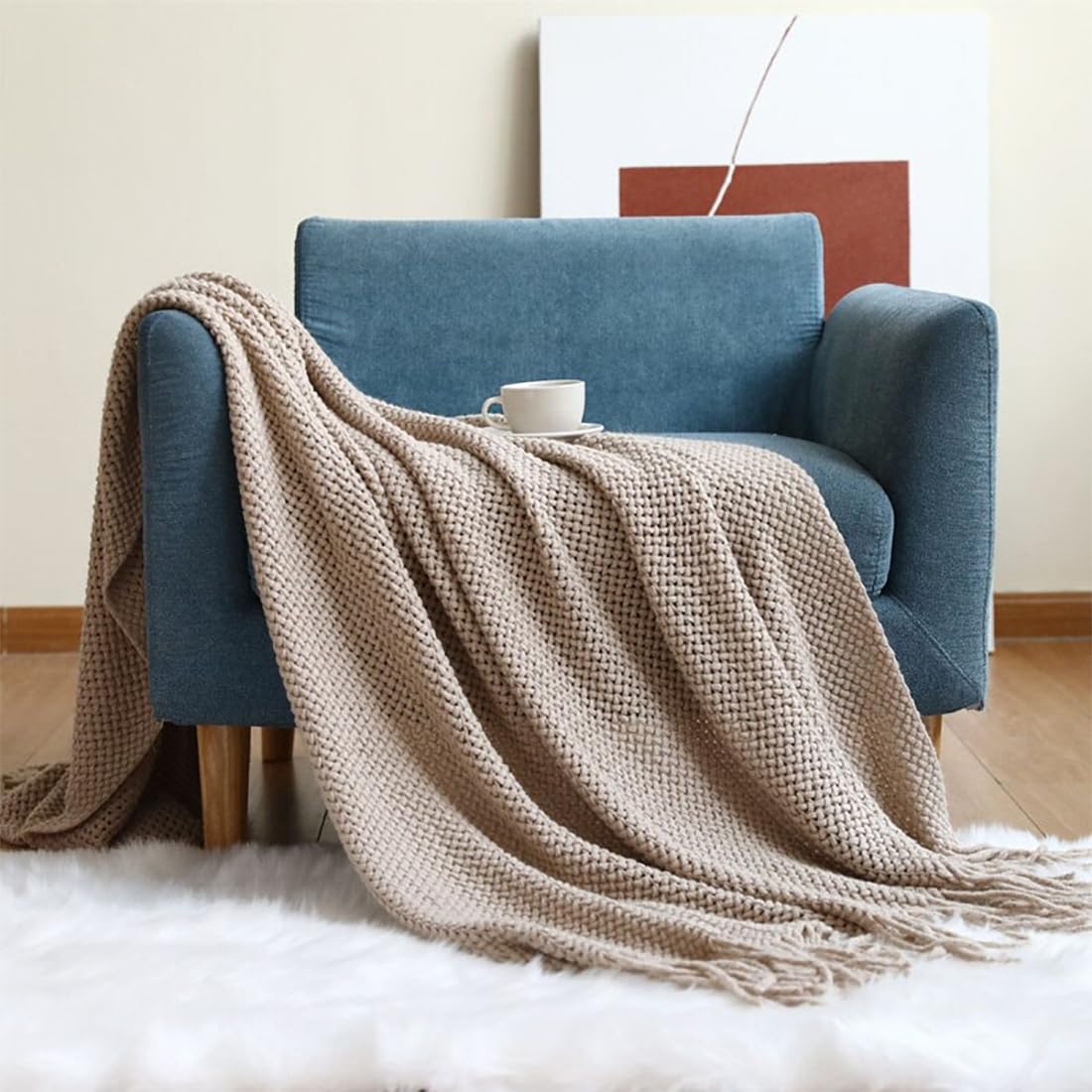 Textured Knit Solid Fringe Throw Blanket