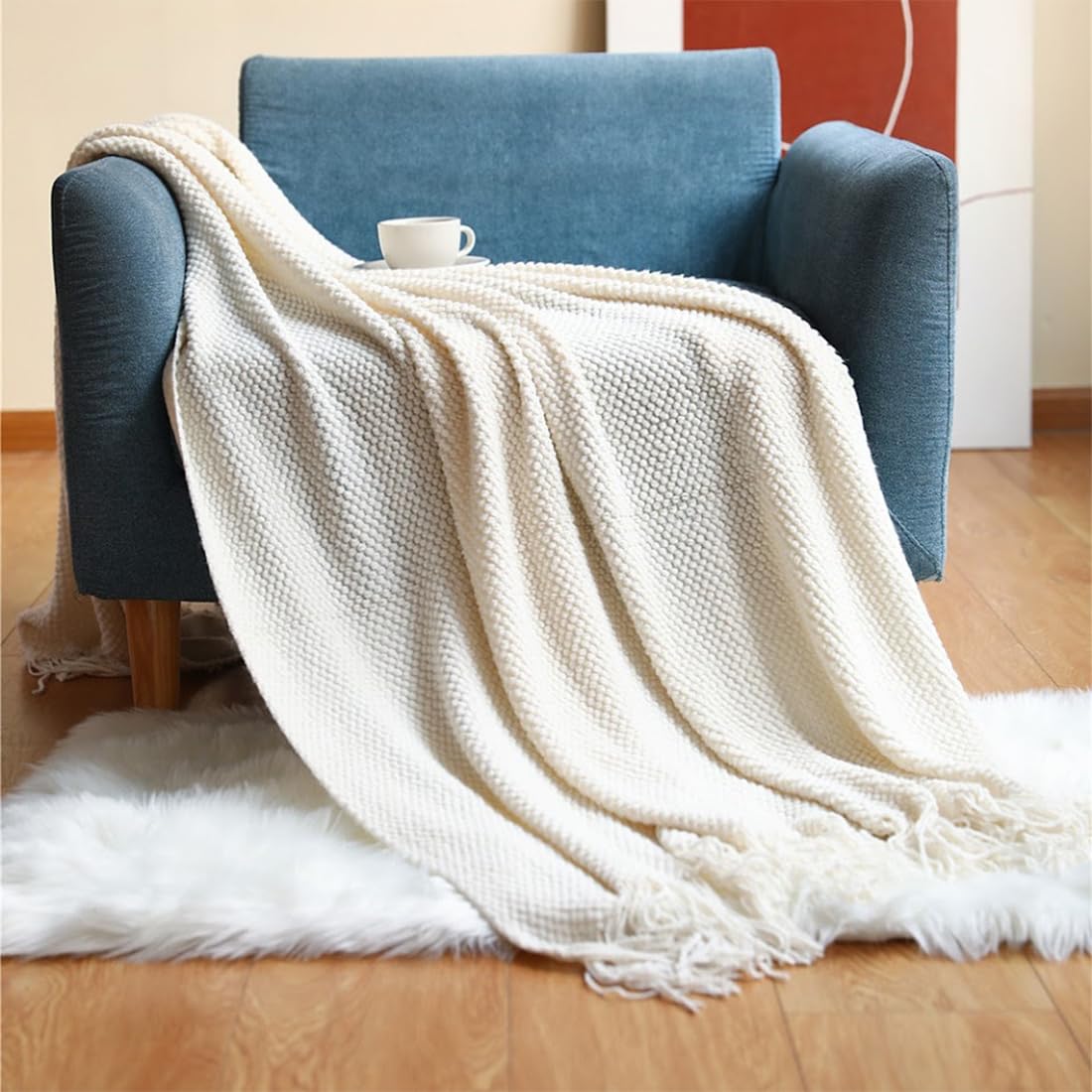 Textured Knit Solid Fringe Throw Blanket