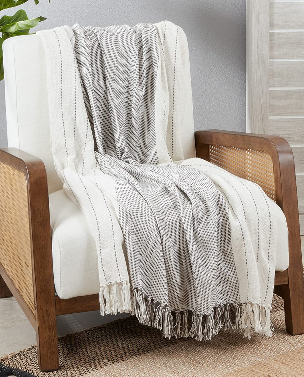 Kantha Stitch Cotton Throw Blanket with Tassel
