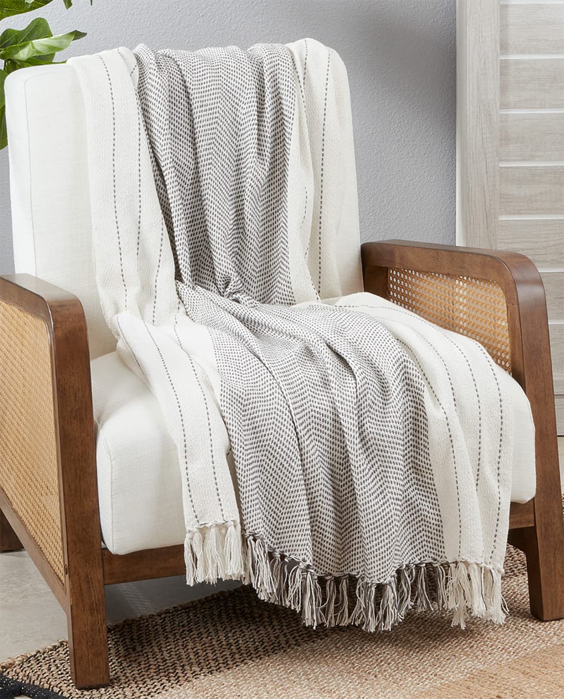 Kantha Stitch Cotton Throw Blanket with Tassel