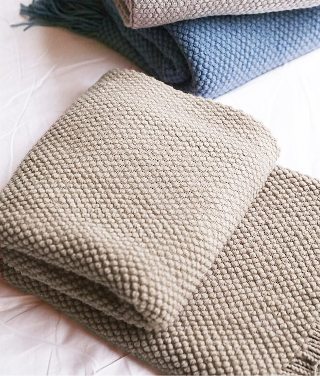 Textured Knit Solid Fringe Throw Blanket