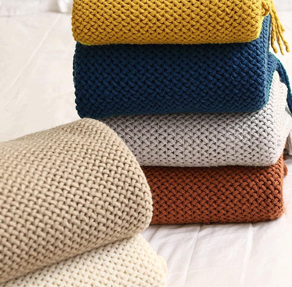 Textured Knit Solid Fringe Throw Blanket
