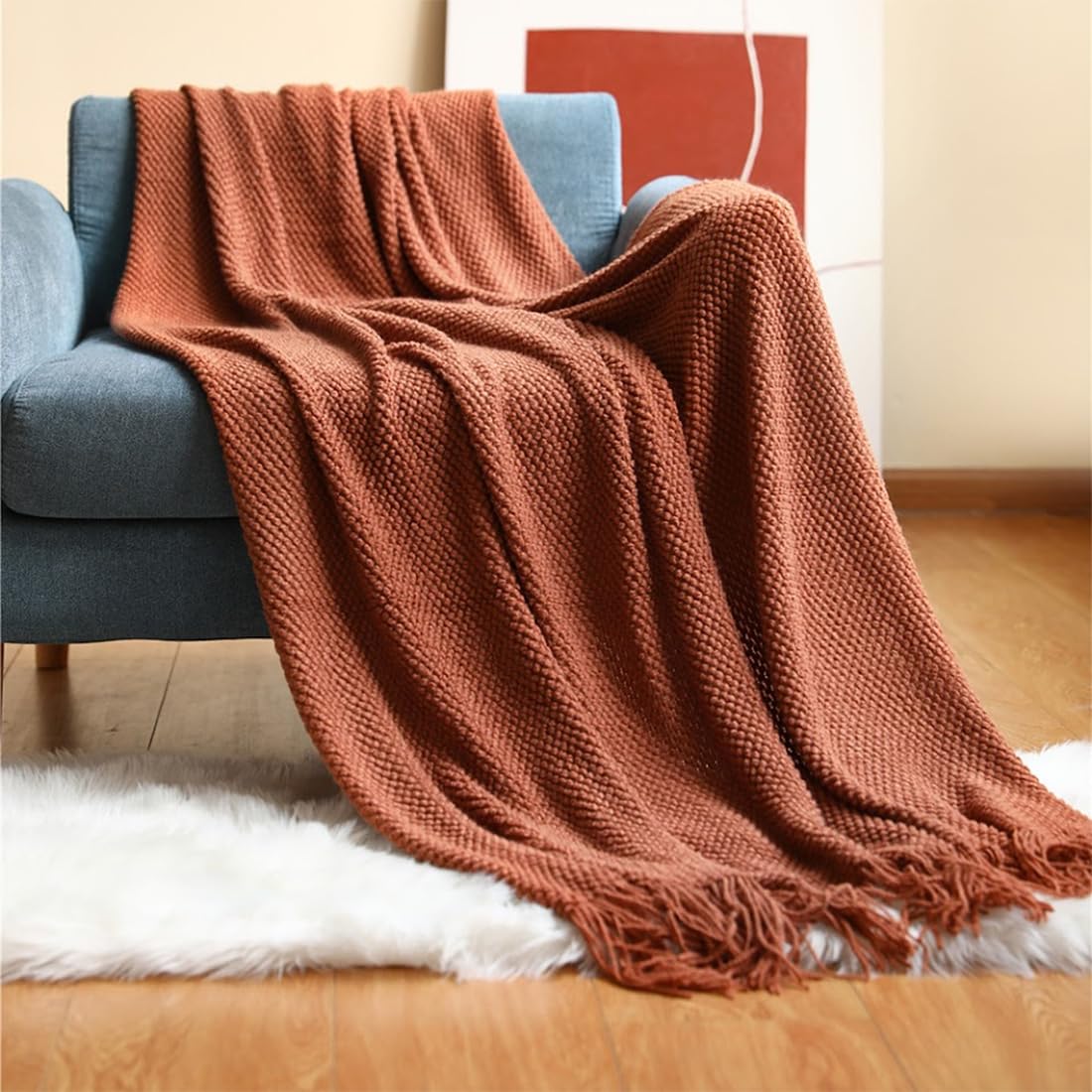 Textured Knit Solid Fringe Throw Blanket