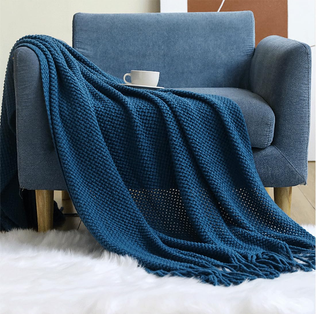 Textured Knit Solid Fringe Throw Blanket