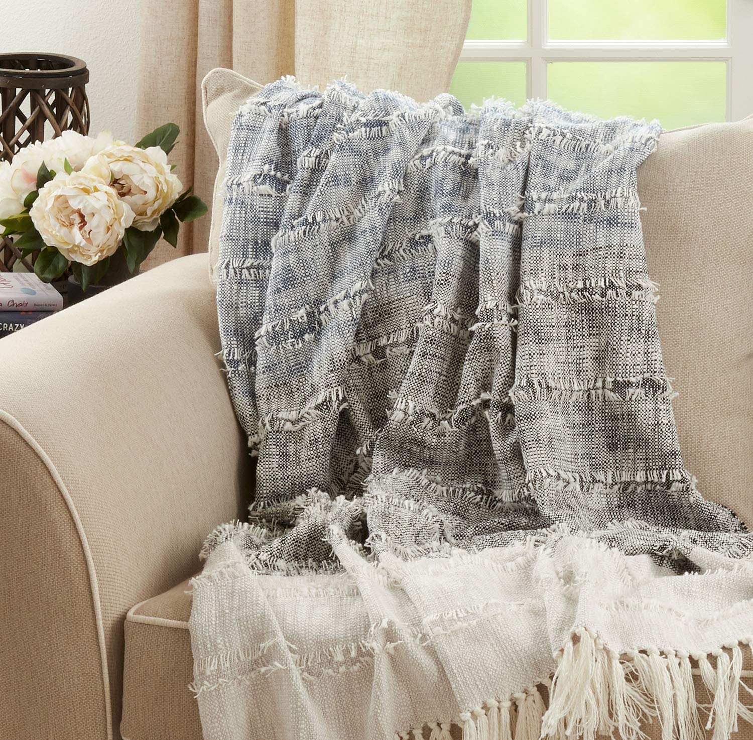 Color Block Throw Blanket with Tassels