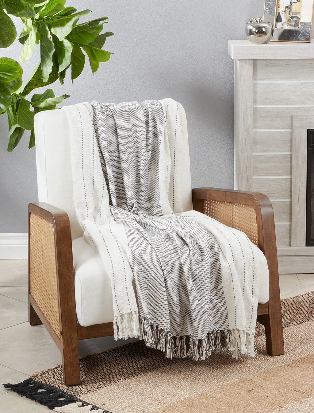 Kantha Stitch Cotton Throw Blanket with Tassel