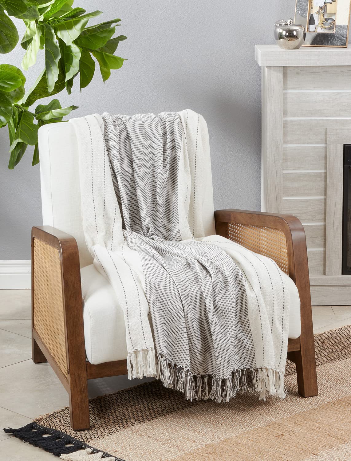 Kantha Stitch Cotton Throw Blanket with Tassel