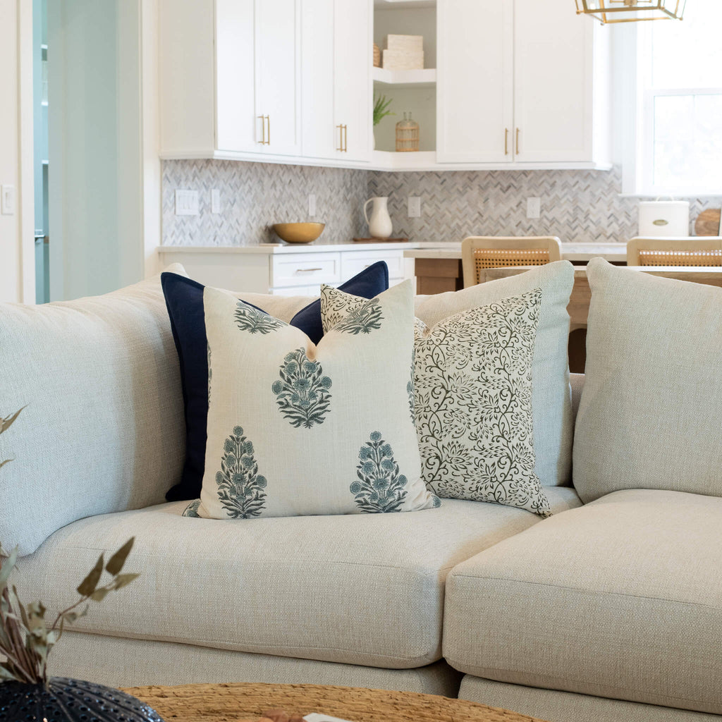 Azure Floral Block Printed Pillow Cover | Blue