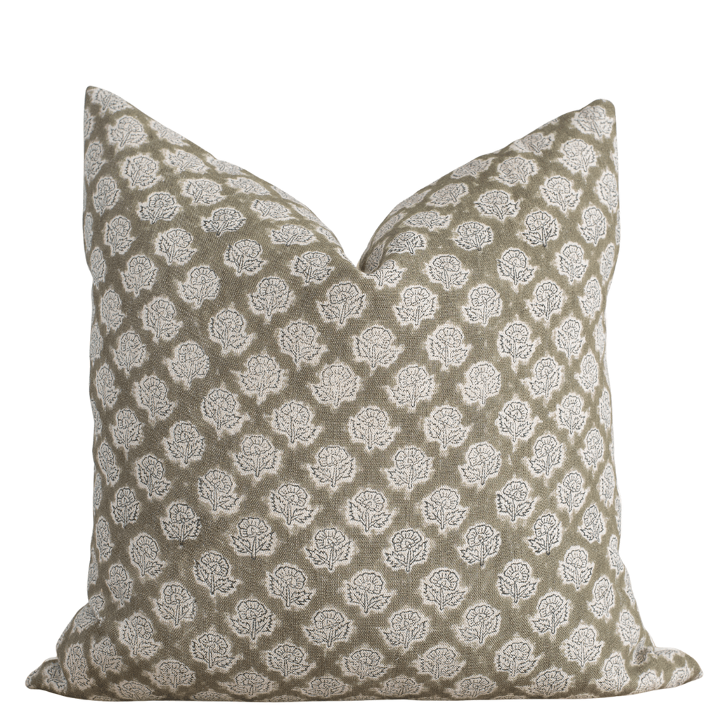 Fiora Floral Block Printed Pillow Cover | Olive Green
