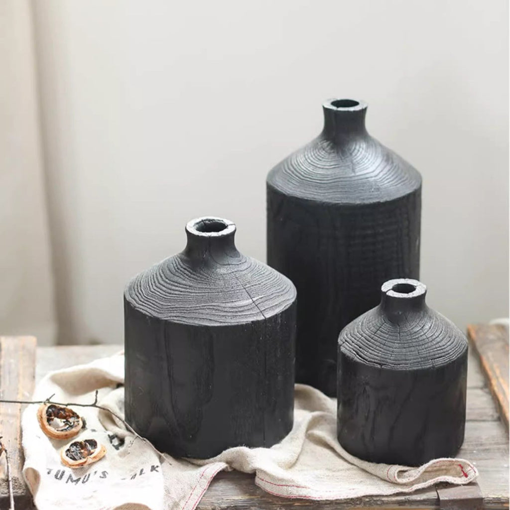 Black Wooden Narrow Neck Decorative Bottle