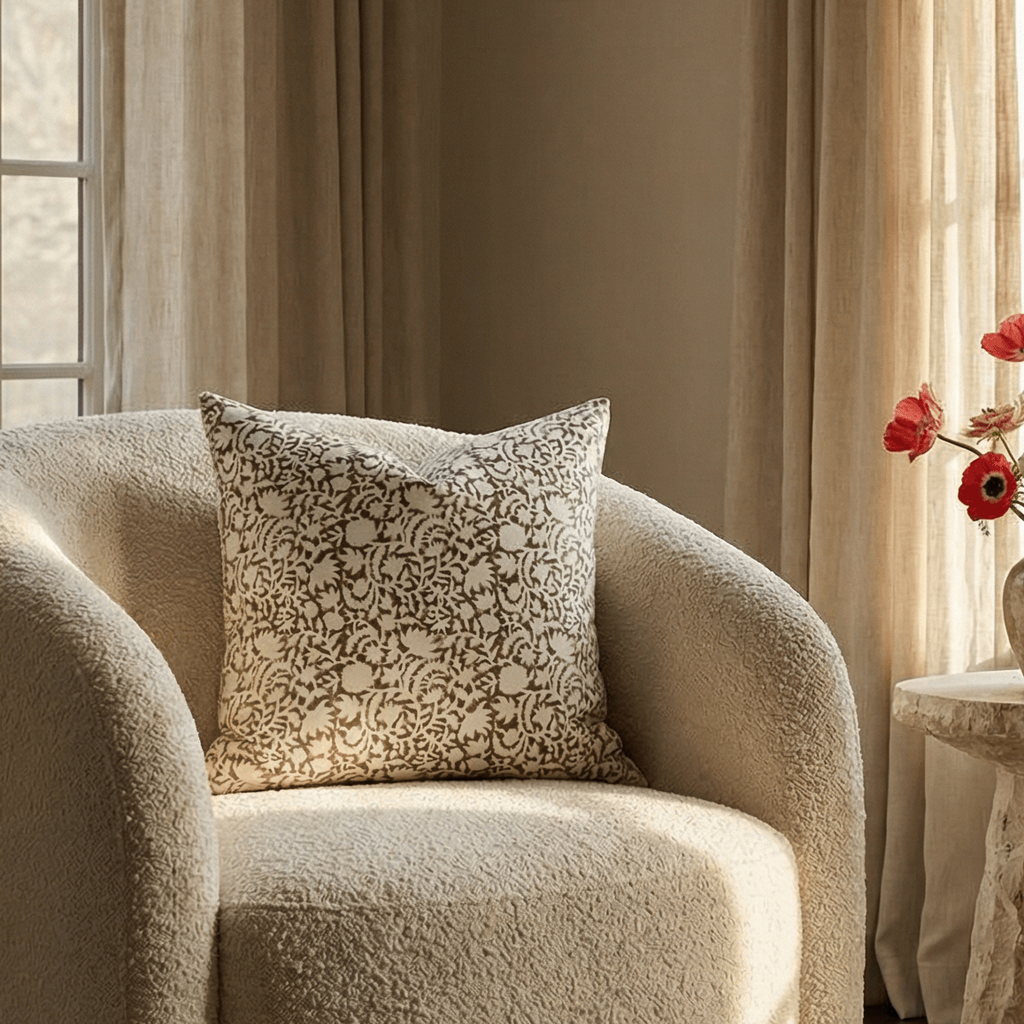 Ochre Floral Block Printed Pillow Cover