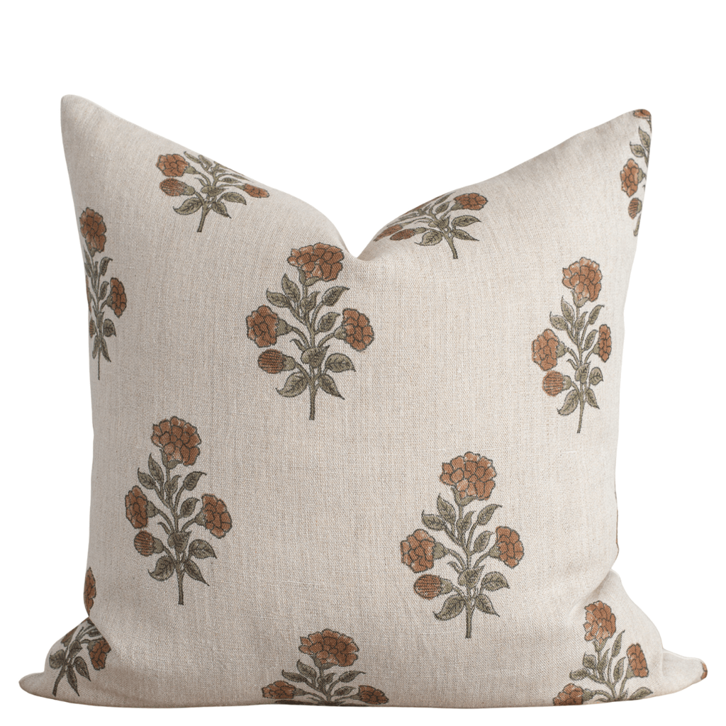 Margot Floral Block Printed Pillow Cover | Mustard, Green