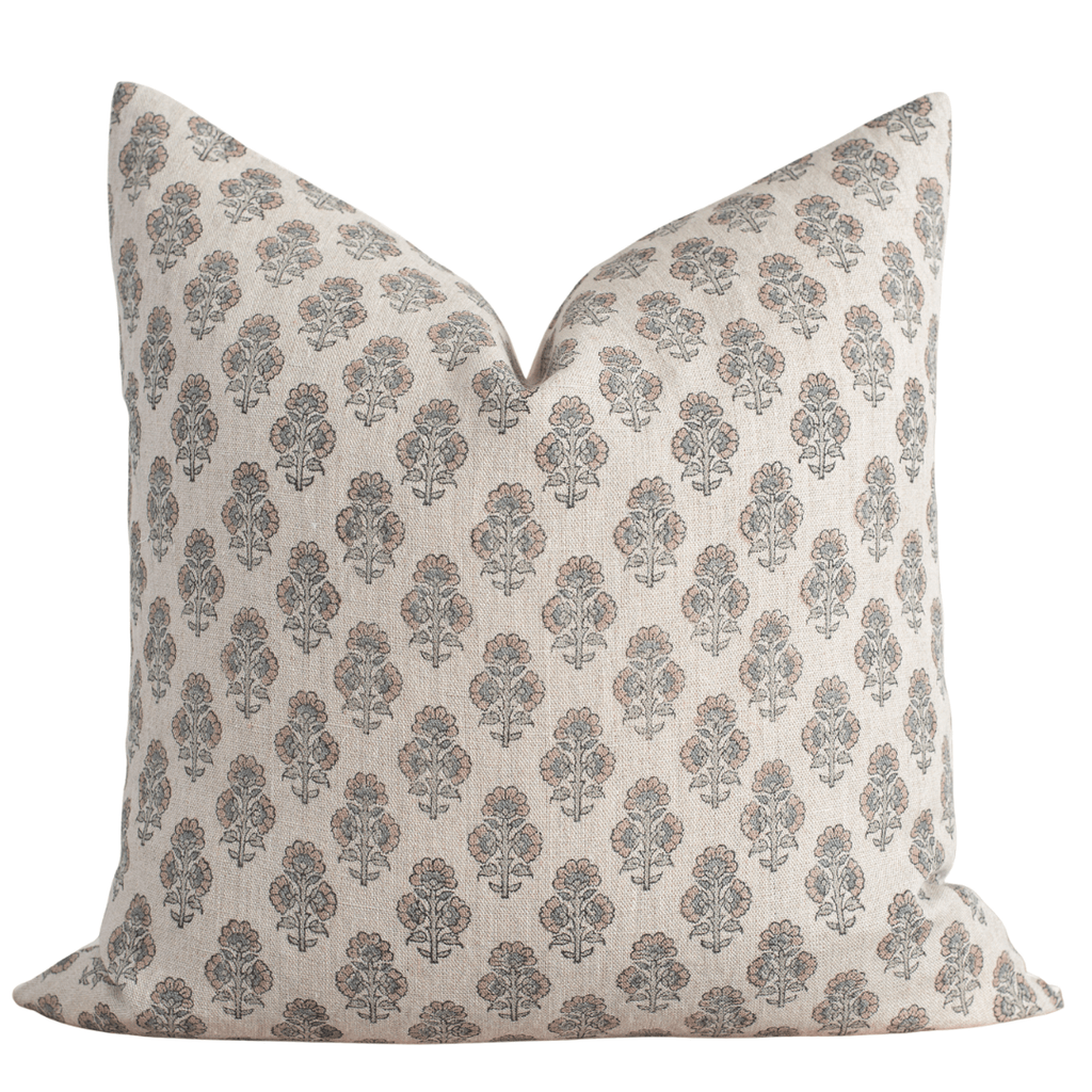 Calla Floral Block Printed Pillow Cover | Light Brown, Blue, Sage Green