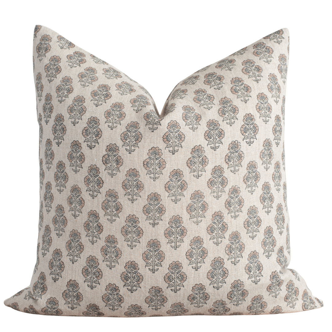 Calla Floral Block Printed Pillow Cover | Light Brown, Blue, Sage Green