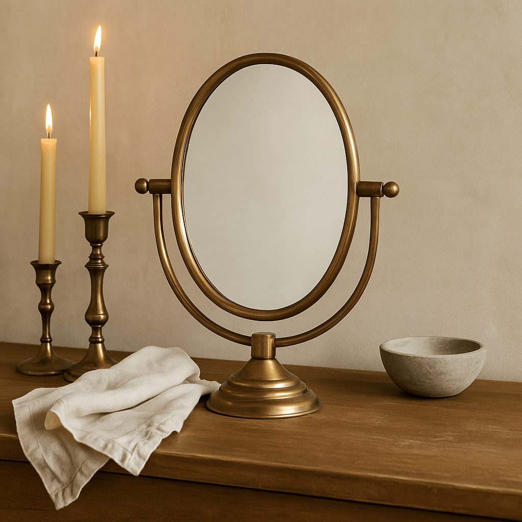 Austine Framed Mirror on Stand – Antique Brass Finish
