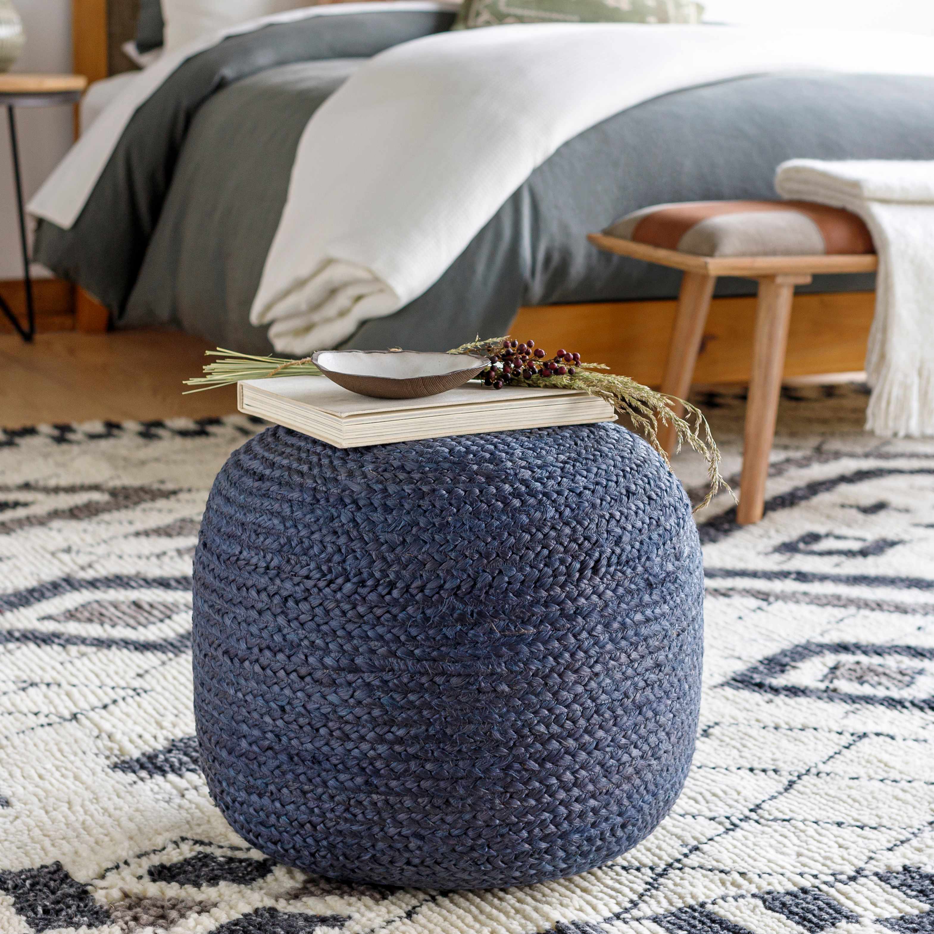 Navy Jute Knitted Pouf