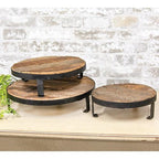Set of Three Weathered Wood and Metal Round Risers