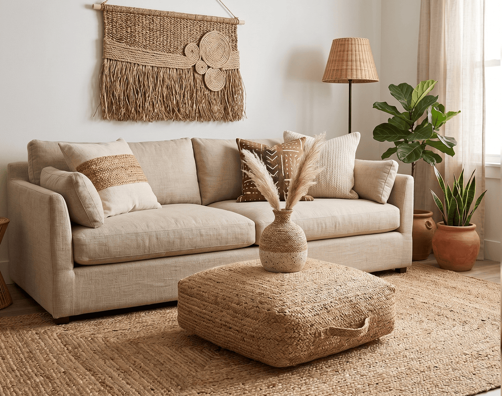 Hand Braided Gold Jute Square Pouf