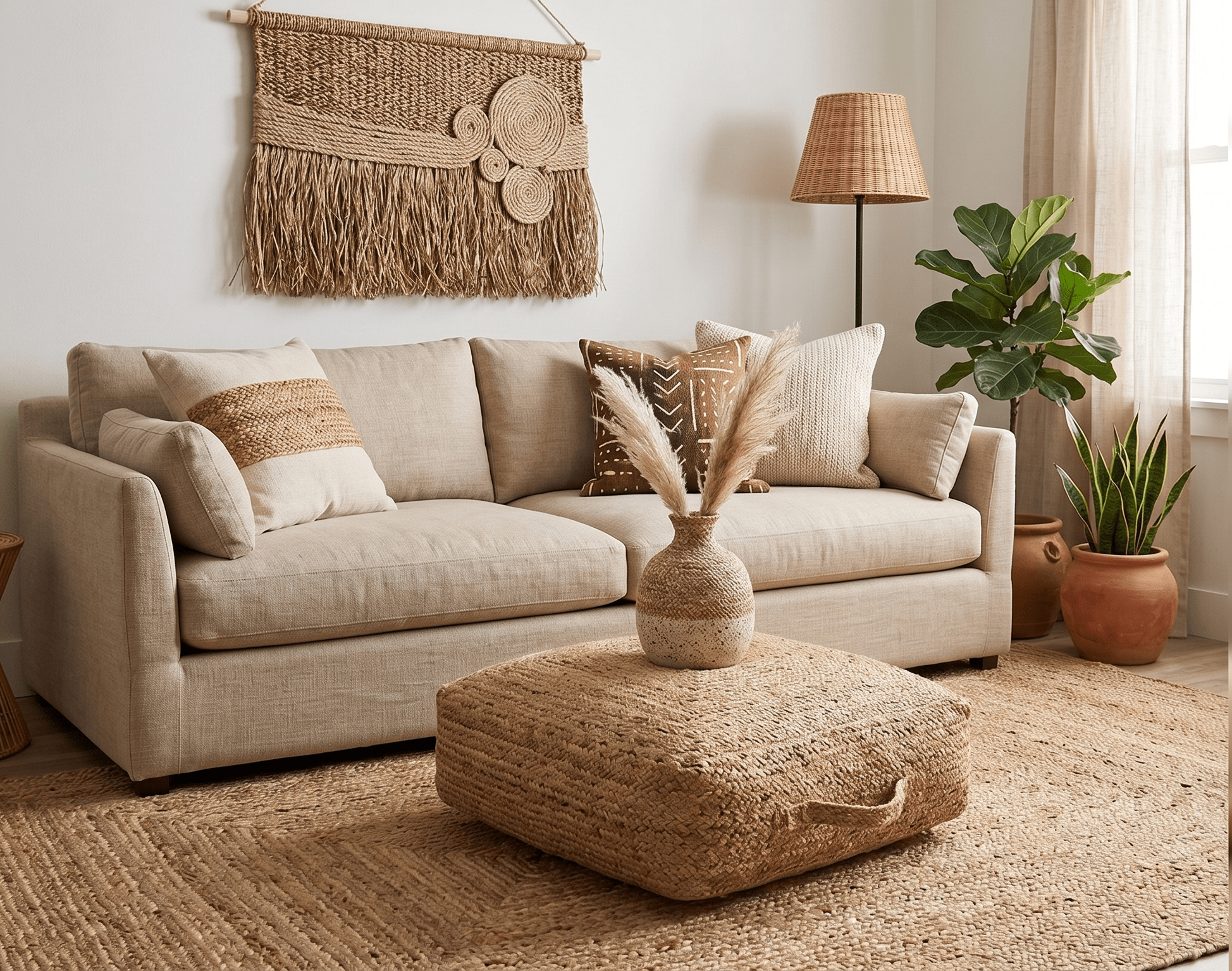 Hand Braided Gold Jute Square Pouf