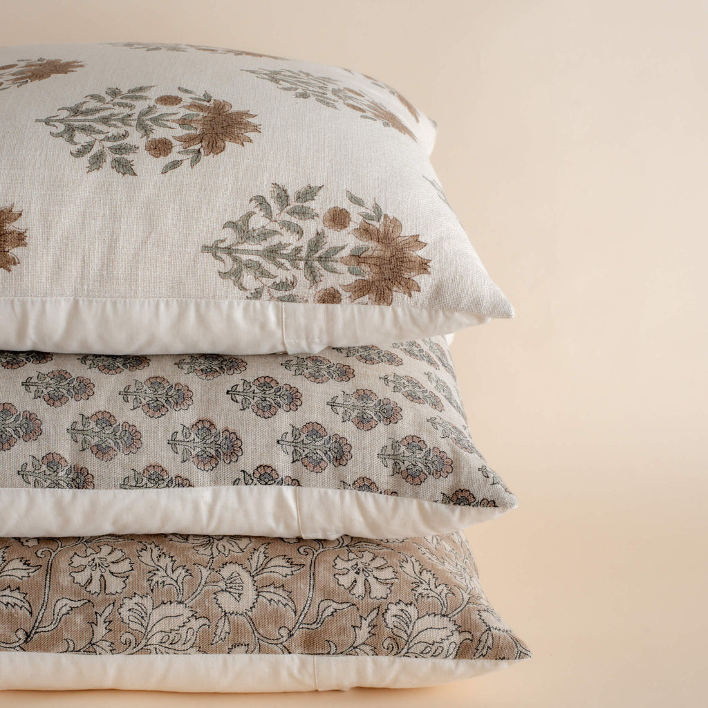 Veda Floral Block Printed Pillow Cover | Brown, Green
